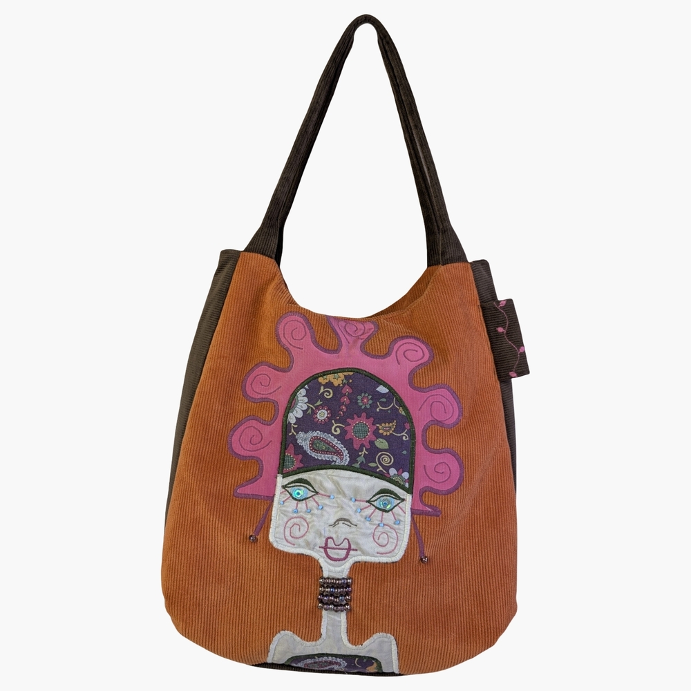 Artsy Embroidered Corduroy Mini Shoulder Bag Beaded Appliqué Tote Purse